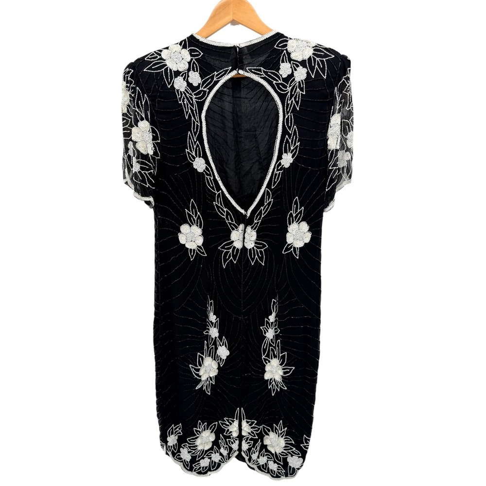 J.K.‎ Laing Vintage Silk Beaded Floral Shift Dress Black White XL Keyhole Back - Picture 5 of 7